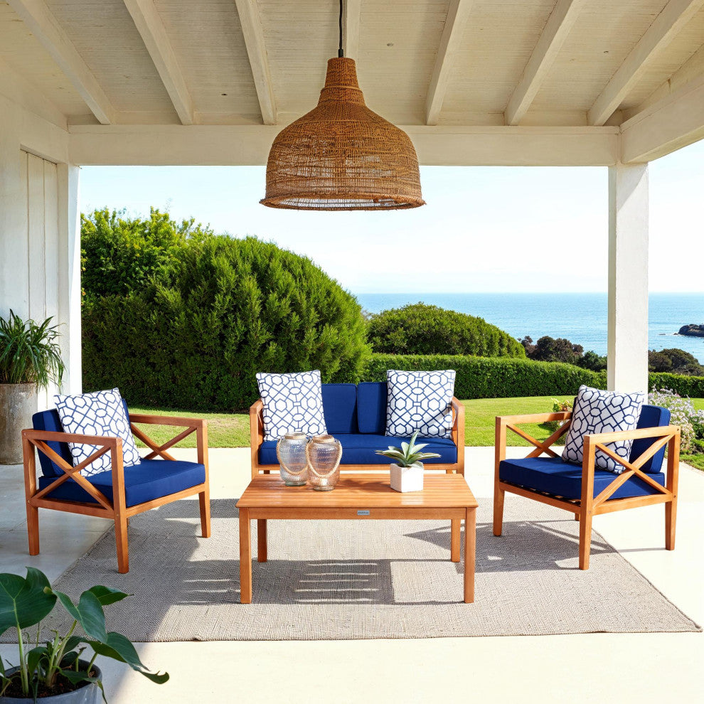 Safavieh Nunzio 4 Piece Indoor-Outdoor Set with Accent Pillows, White/Navy