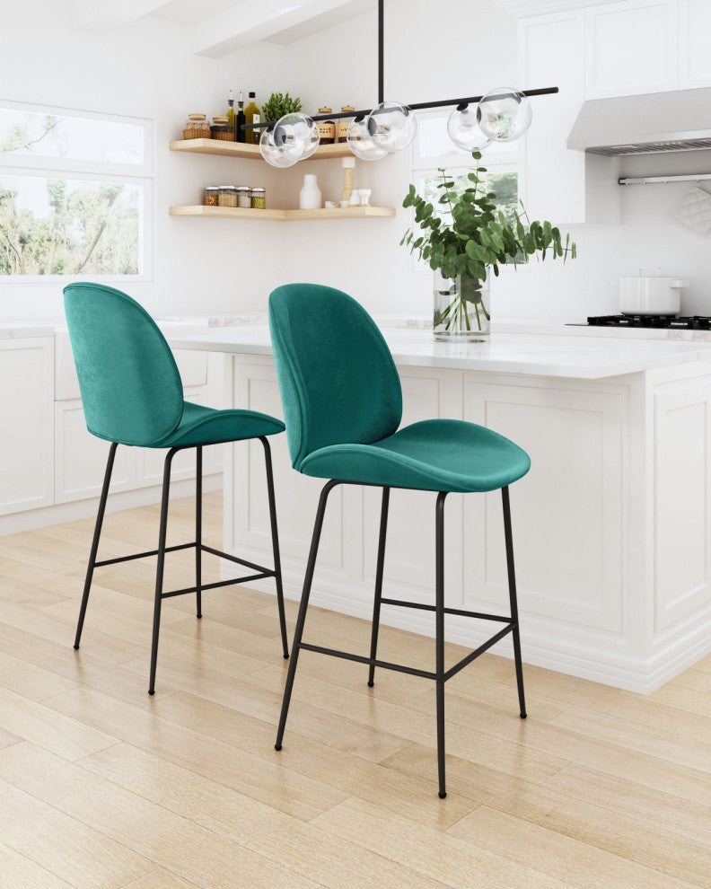 Counter Stool Chair, Steel Metal, Fabric, Green, Black, Bar Kitchen Cafe Bistro