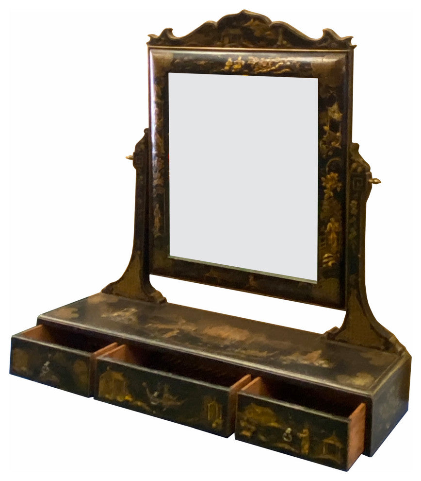 Chinese Vintage Golden Scenery Black Lacquer Mirror Chest Hcs7052