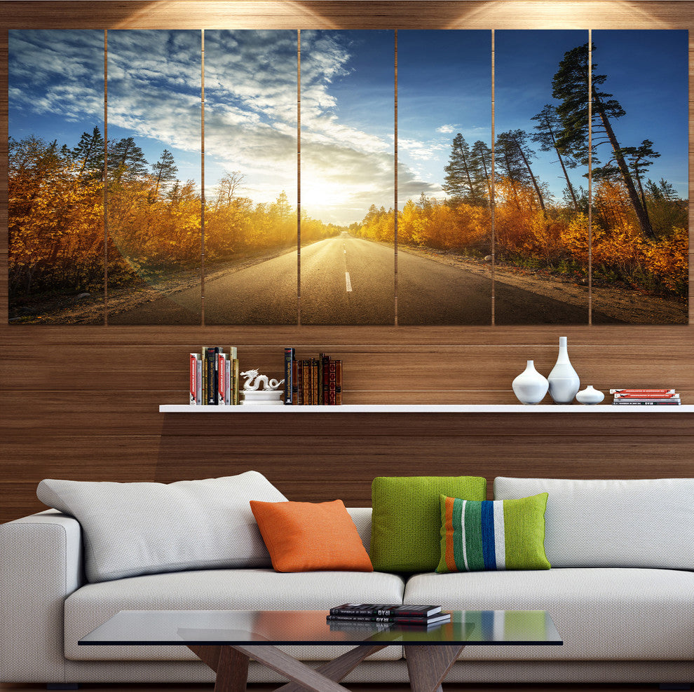 Road in Fall Forest Panorama, Landscape Canvas Art Print, 83"x32", 7 Panels