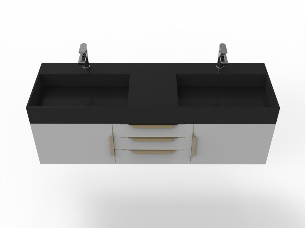 CastelloUSA Amazon 60" Wall Mounted Bathroom Vanity Set, Gray, Black Top, Gold Handles