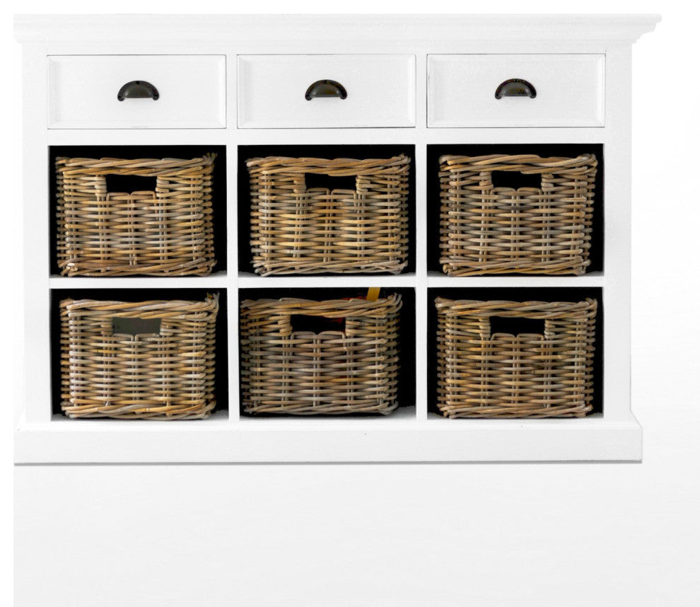 Traditional Sideboard, Mahogany Wood Frame With 3 Drawers & 6 Baskets, White