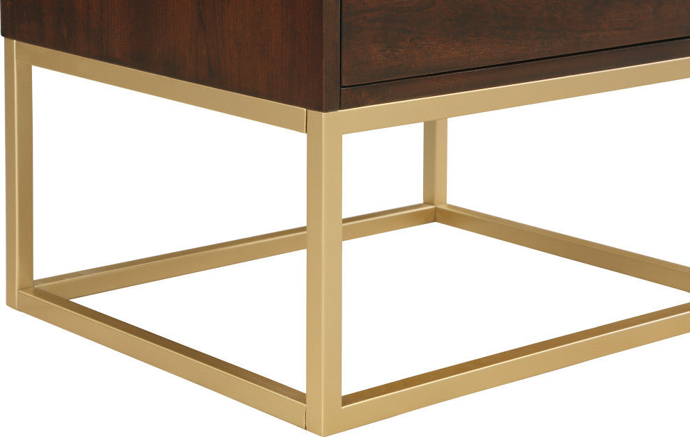 Maxine Wood Nightstand With Durable Brushed Gold Metal Base, Dark Cherry Finish
