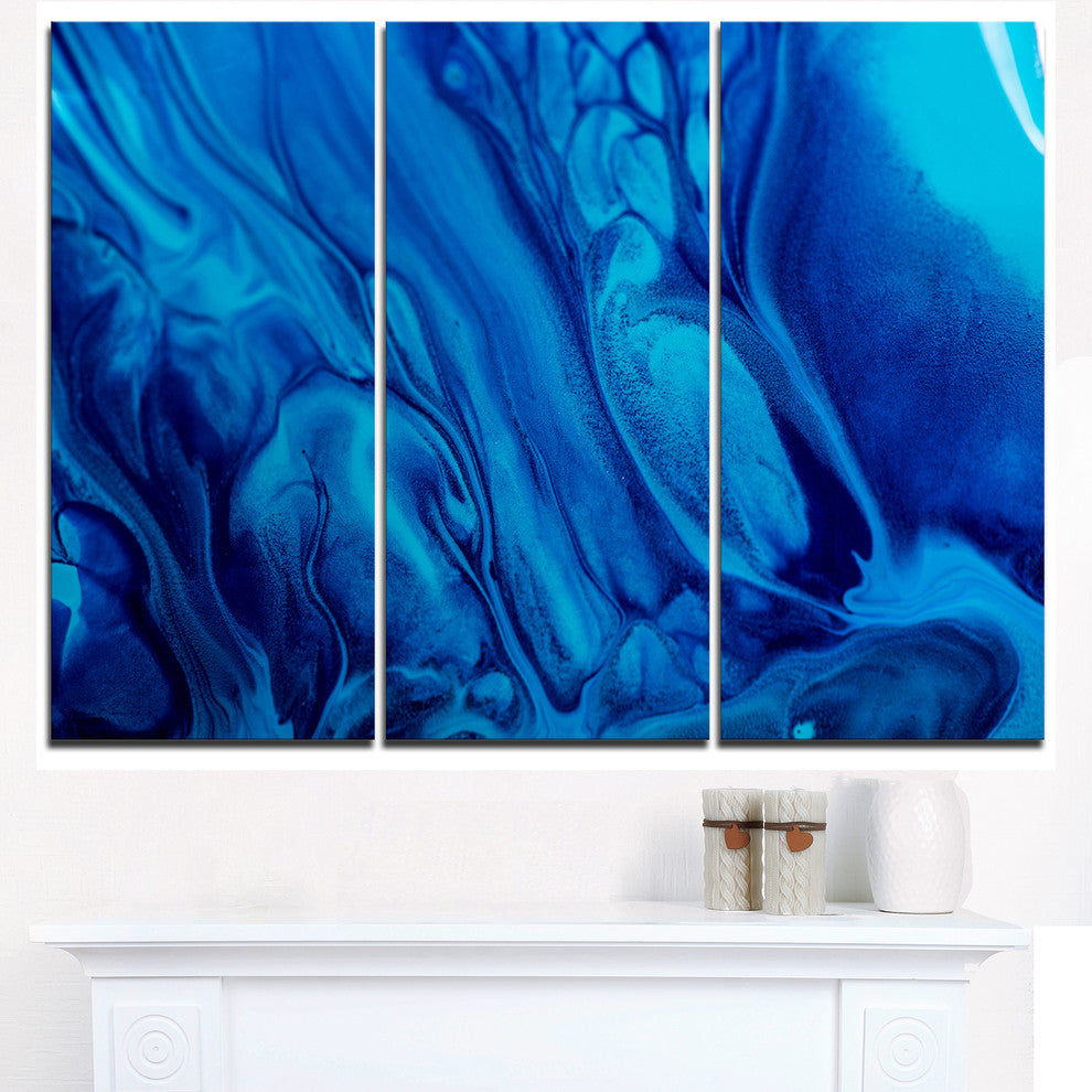"Dark Blue Abstract Acrylic Paint Mix" Art on Canvas, 3 Panels, 36"x28"