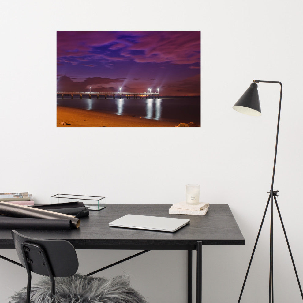 The Pier at Woodland Beach Night Coastal Photo Unframed Wall Art Print, 24" X 36"