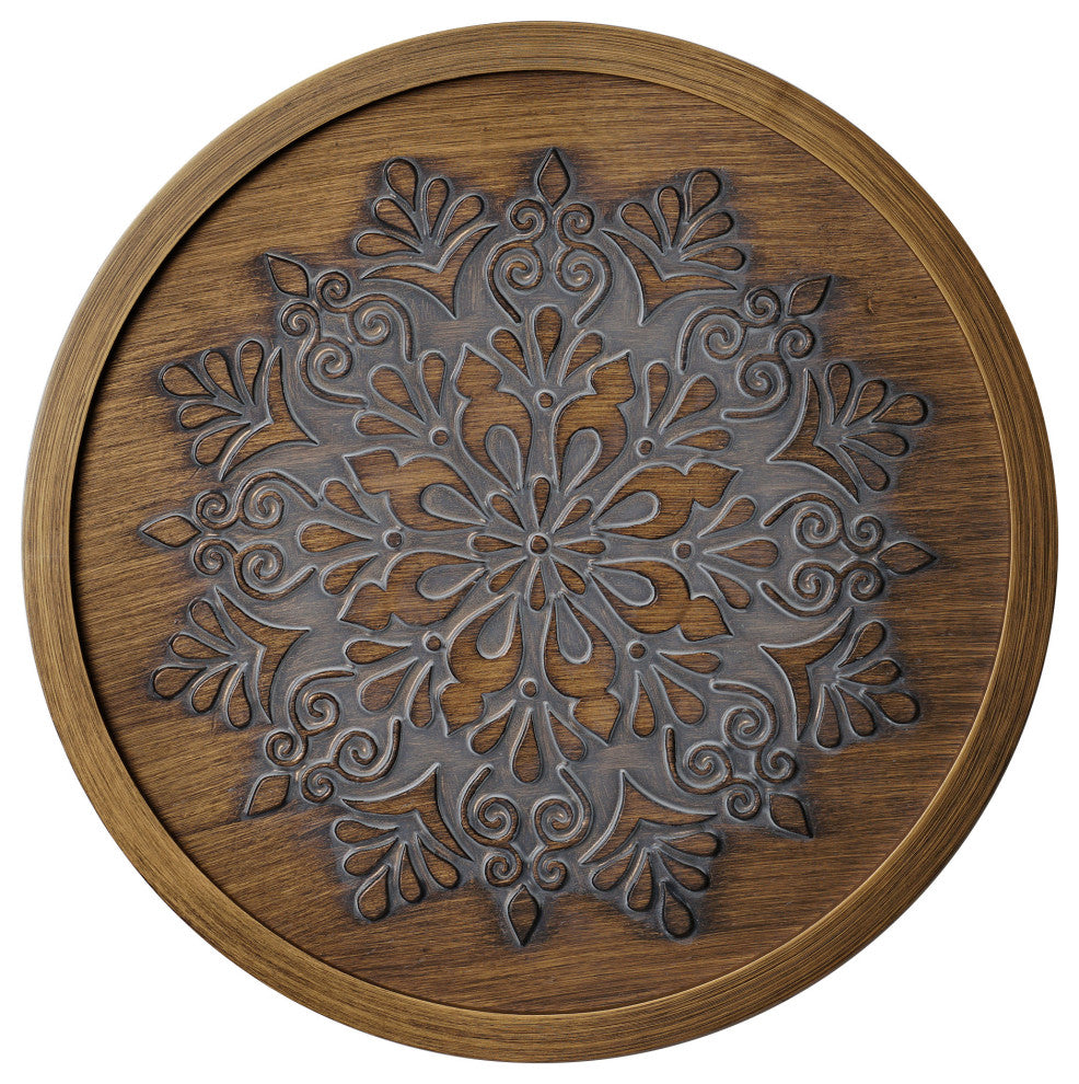 American Art Decor Boho Rustic Farmhouse Wood Framed Wall Medallion Brown, Grey