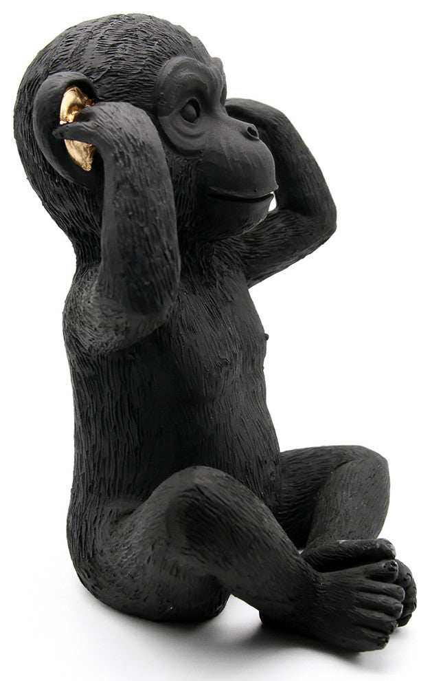 Wise Monkey Hear No Evil Statuette Resin Black Gold
