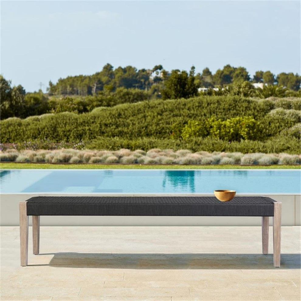 Armen Living Camino Fabric/Wood Indoor Outdoor Dining Bench in Charcoal/Natural