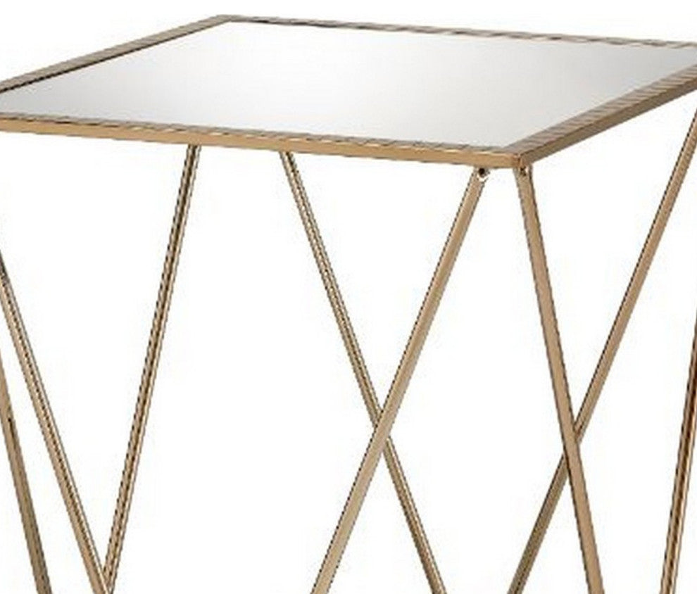 Benzara BM250672 End Table With Mirror Top/Open Geometric Base, Champagne Gold