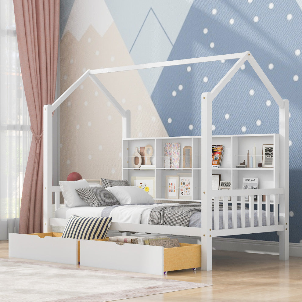 Gewnee Wood Twin Size House Bed with Drawers for Kids in White