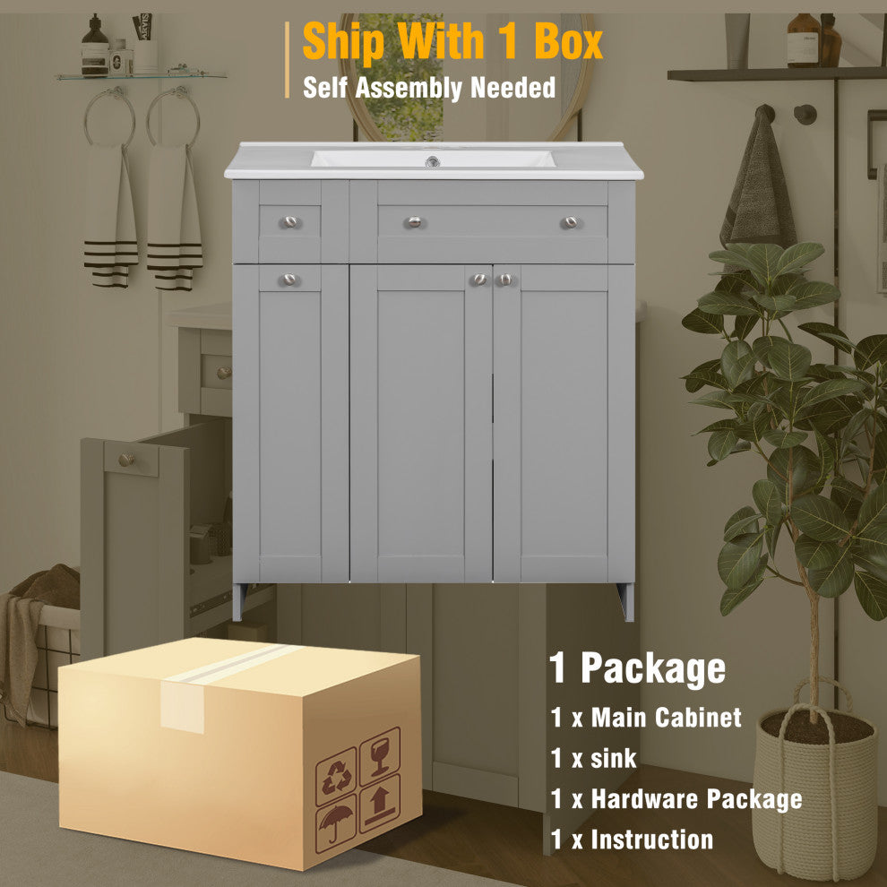 30 Inch MDF Freestanding Bathroom Vanity Set with Ceramic Sink, Grey