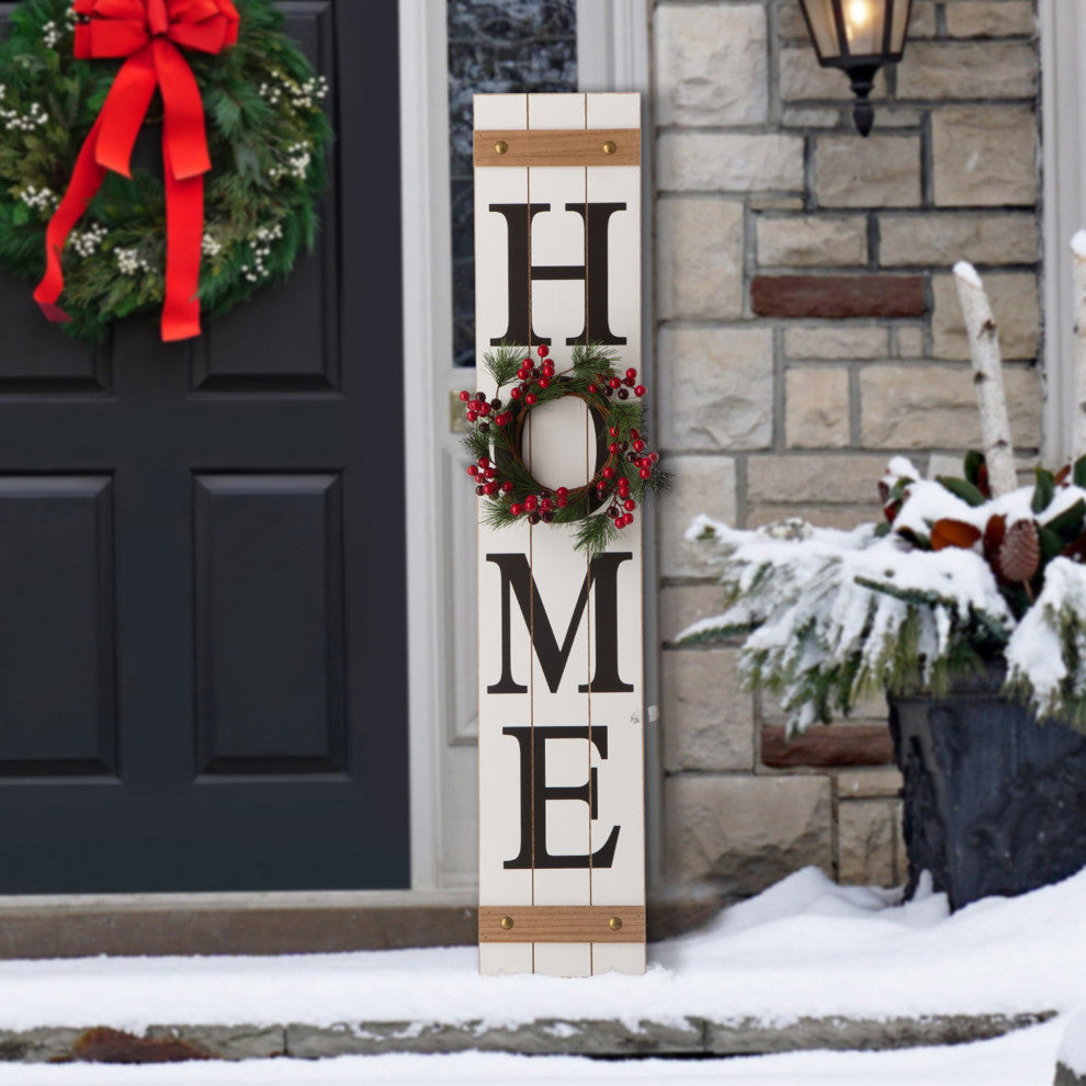 42"H Christmas Wooden HOME" White Porch Sign With Wreath