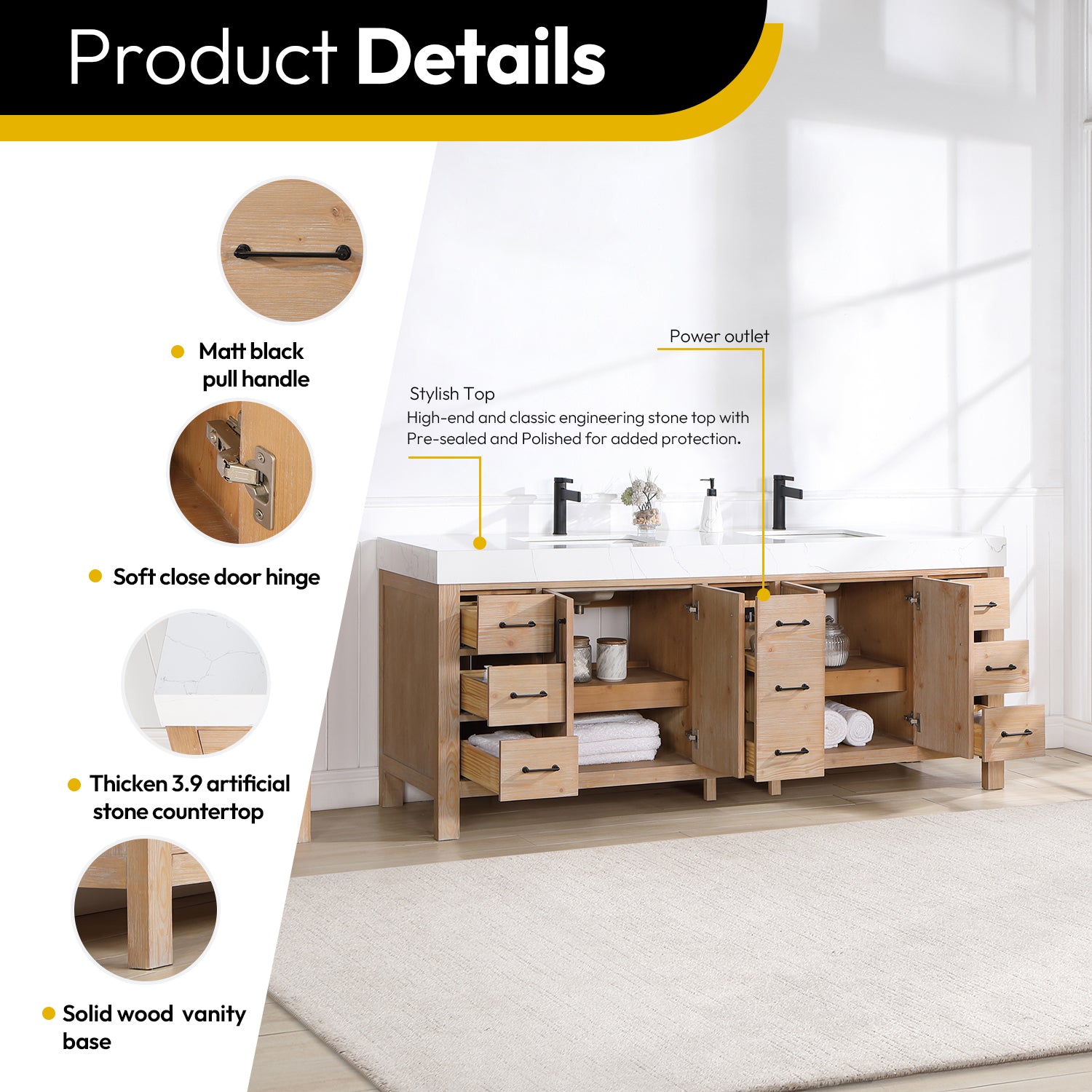 Leon Bath Vanity With Composite Stone Top, Fir Wood Brown, 84", No Mirror