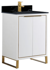 Opulence Bath Vanity, White Matte, 24", Satin Brass Hardware, Black Marble Top