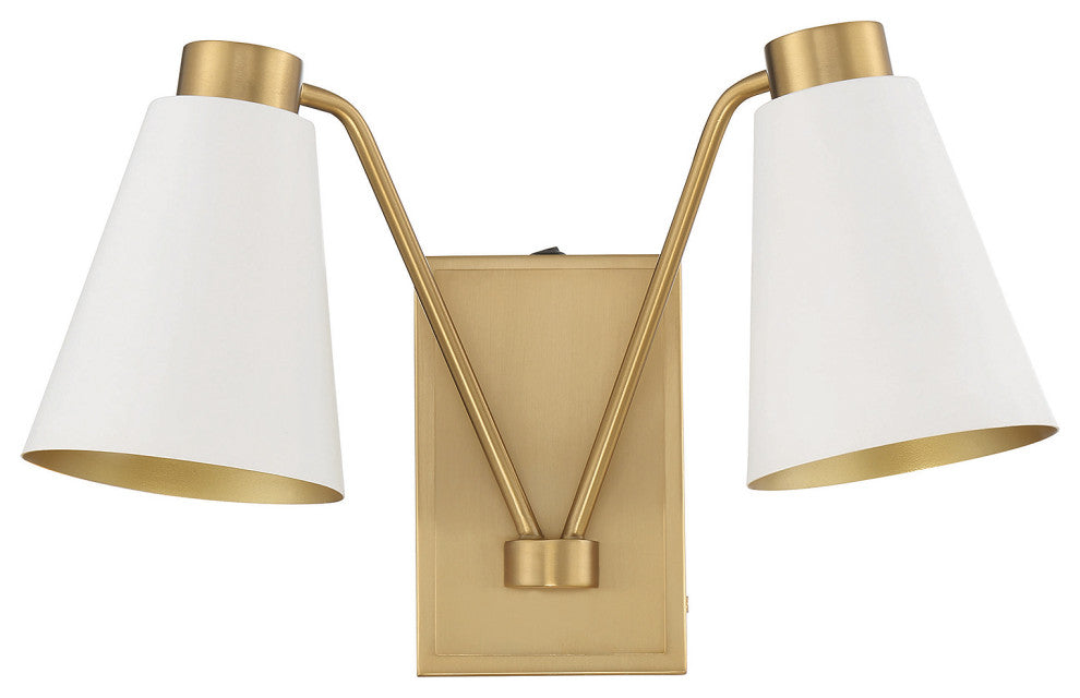 2-Light Wall Sconce, Matte Black With Natural Brass, White With Natural Brass