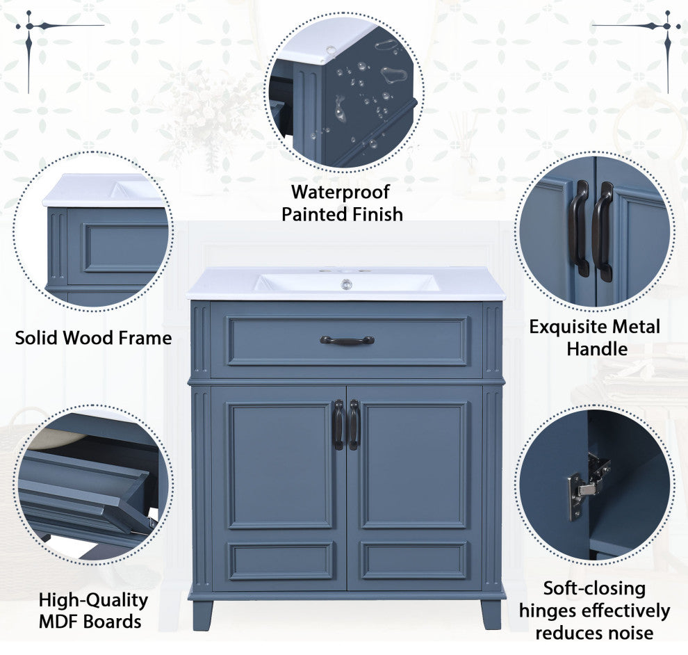 30 inches Freestanding Bath Vanity Set, Blue, Integrated Ceramic Sink