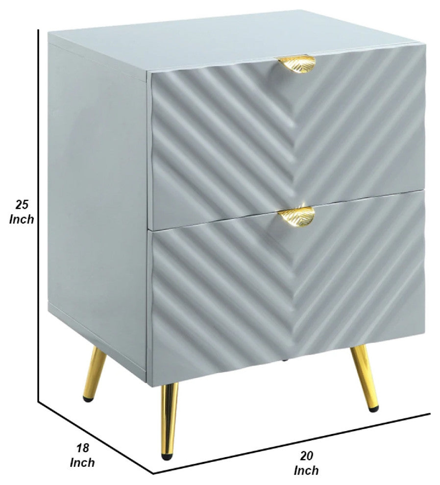 Benzara BM275526 Wood Nightstand, Textured Wavy Design, Gold Metal Legs, Gray
