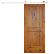 Prefinished Interior Knotty Alder 2 Panel V-Groove Barn Door, Stainless