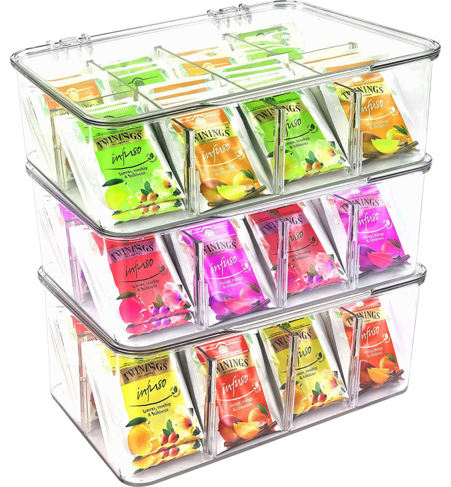 Set of 3 Stackable Tea Bag Storage Organizer Bin Box With Clear Top Lid