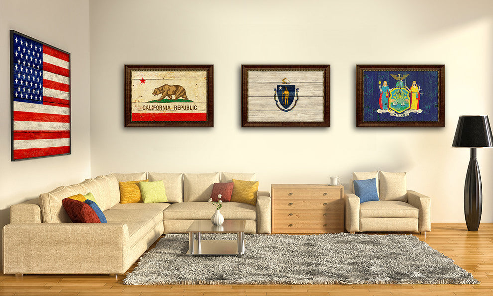 Massachusetts State Textured Flag Print With Brown Gold Frame, 23"X33"
