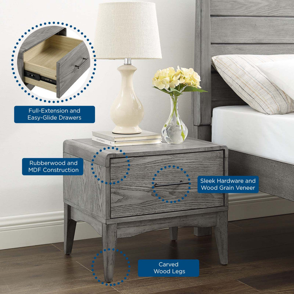 Platform Bed Nightstand Set, Twin Size, Wood, Gray, Modern Farmhouse