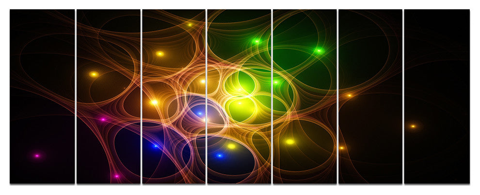 Yellow Fractal Space Circles, Abstract Canvas Art Print, 83"x32", 7 Panels