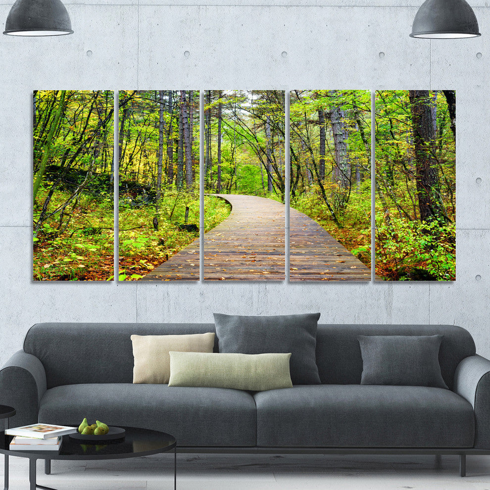 Wooden Boardwalk across Forest, Landscape Canvas Art Print, 60"x28", 5 Panels