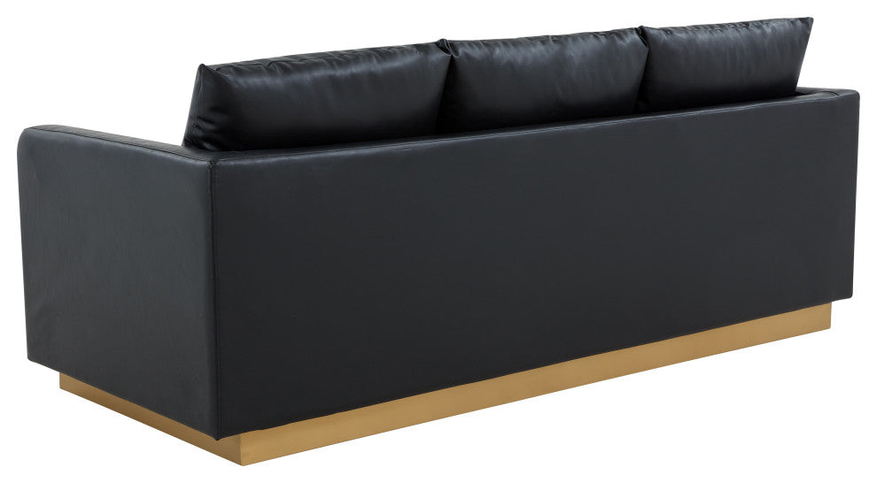 LeisureMod Nervo Modern Leather Sofa With Gold Base, Black