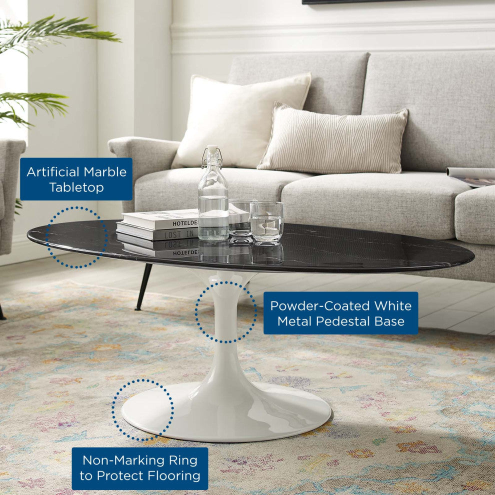 Coffee Table, Oval, Black White, Artificial Marble, Metal, Modern, Hospitality
