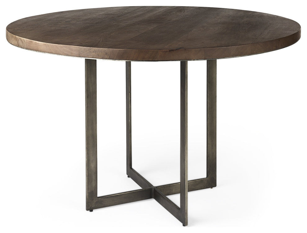Rustic Brown Round Wood and Metal Dining Table