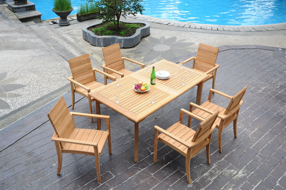 7-Piece Outdoor Teak Dining Set: 94" Rectangle Table, 6 Alps Stacking Arm Chairs