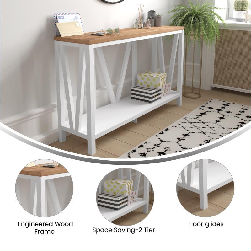 Charlotte Modern 2-Tier Farmhouse Console Accent Table, Brushed White Wash/Warm Oak