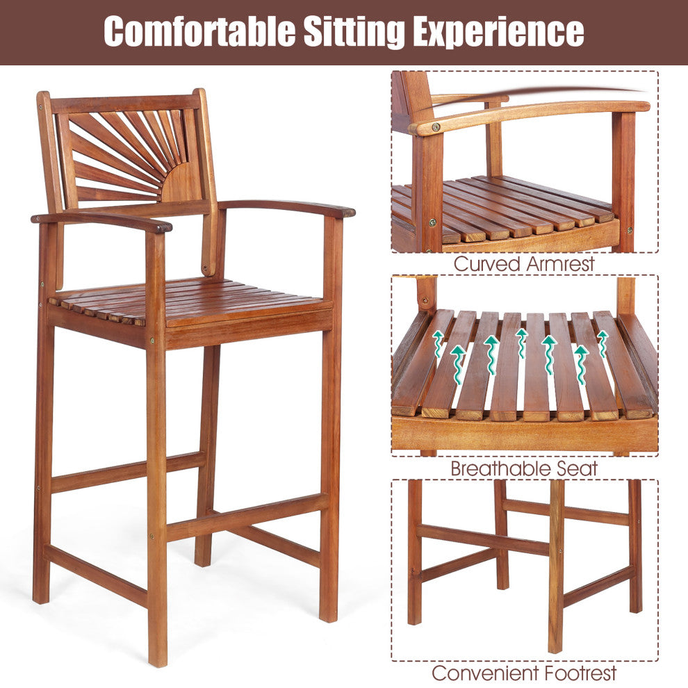 Costway Set of 2 Bar Stools 29inch Acacia Wood Pub Chairs Outdoor w/ Armrests
