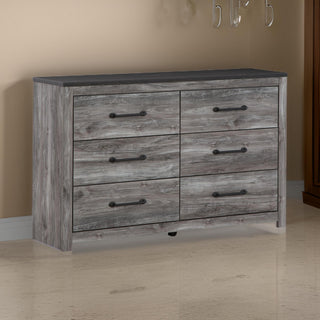 59" Wide Dresser With 6 Drawers, Metal Bar Handles, Distressed Gray