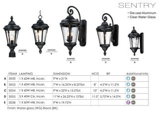 Maxim 3053 Sentry 1 Light 16" Tall Outdoor Wall Sconce - Black / Water Glass