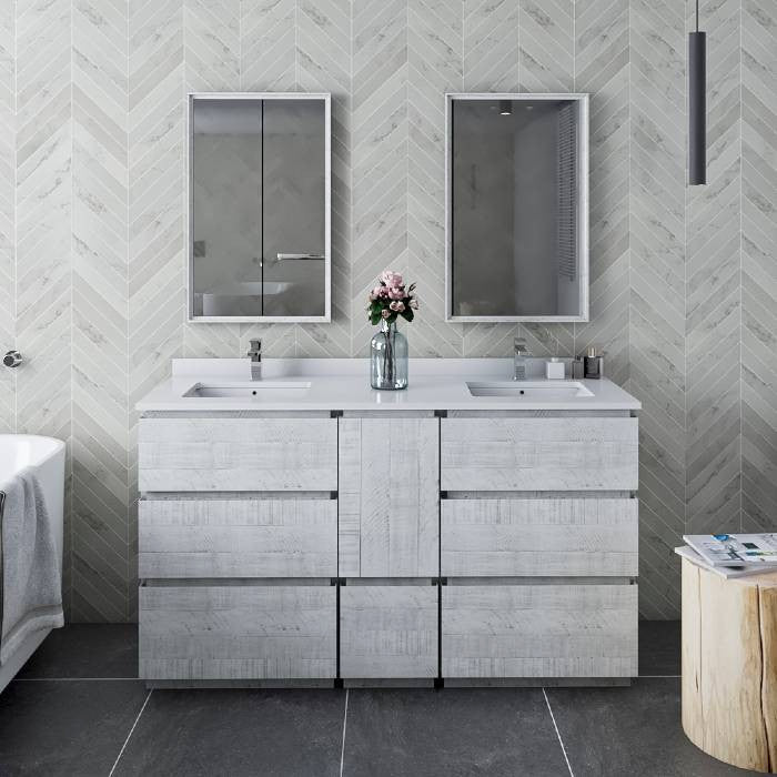 Fresca Formosa Modern 60" Rustic White Floor Standing Double Sink Vanity Set