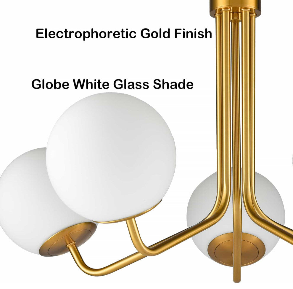 Mid-Century Modern Gold Ceiling Light Globe Chandelier, 5-Light
