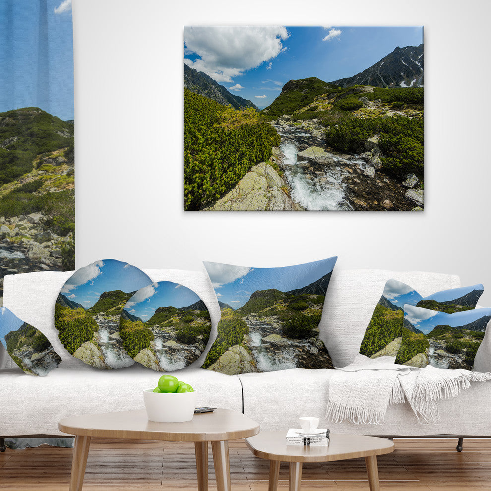 Alpine Stream in High Mountains Landscape Printed Throw Pillow, 18"x18"