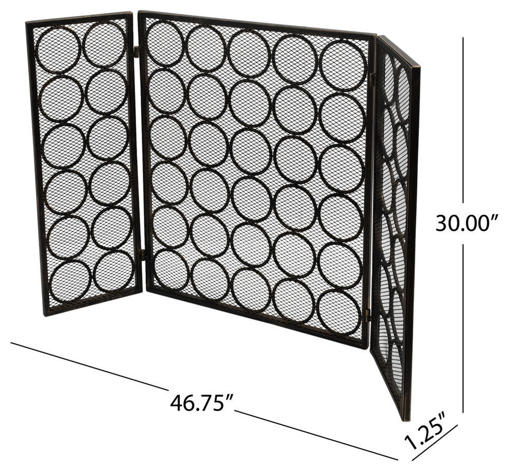Koda Modern Three Panel Iron Firescreen, Black Gold