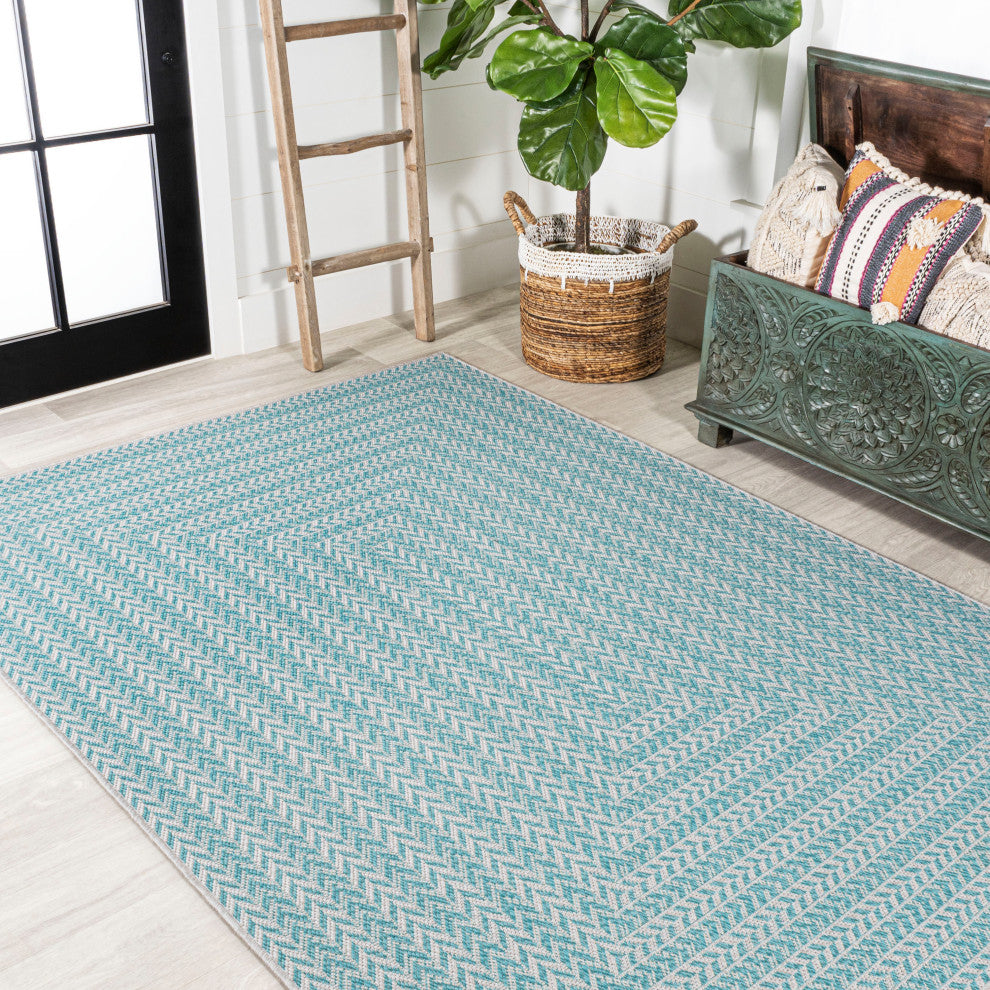 Chevron Modern Concentric Squares Indoor/Outdoor Area Rug, Aqua/Light Gray, 8x10