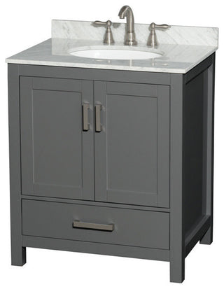 30" Single Vanity, Dark Gray, White Carrara Marble Top, Undermount Oval Sink
