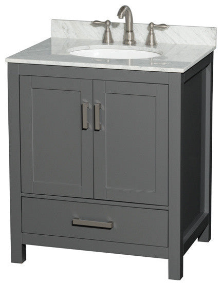 30" Single Vanity, Dark Gray, White Carrara Marble Top, Undermount Oval Sink