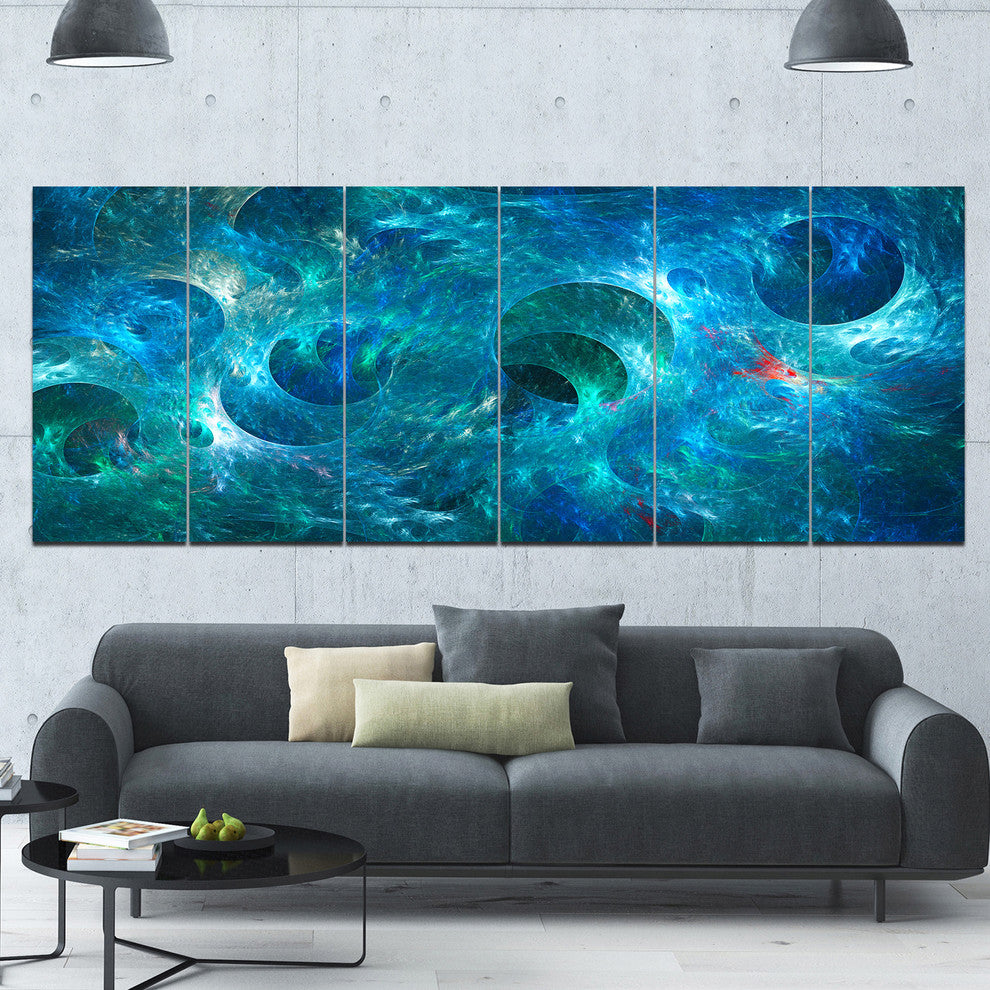 Blue Circles Fractal Texture, Abstract Canvas Art Print, 70"x28", 6 Panels