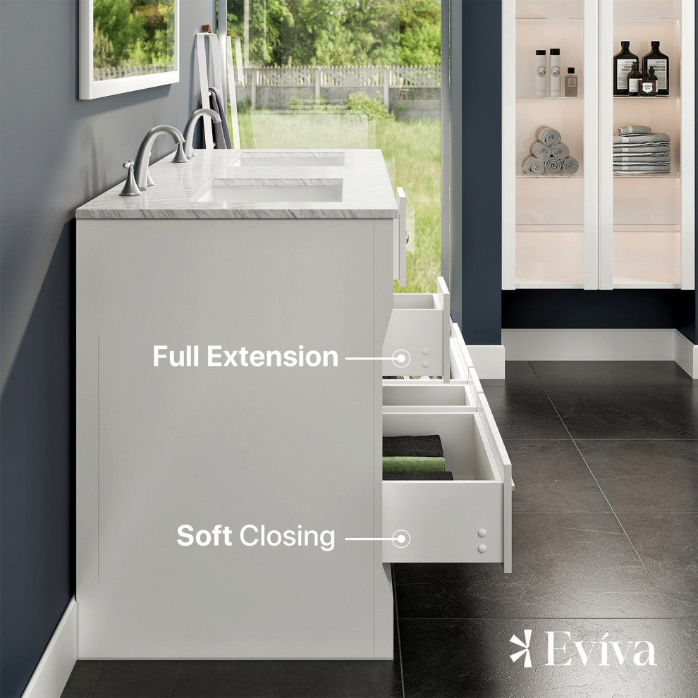 Eviva Booster 60 in. Double Sink Vanity in White White Carrara Marble Countertop