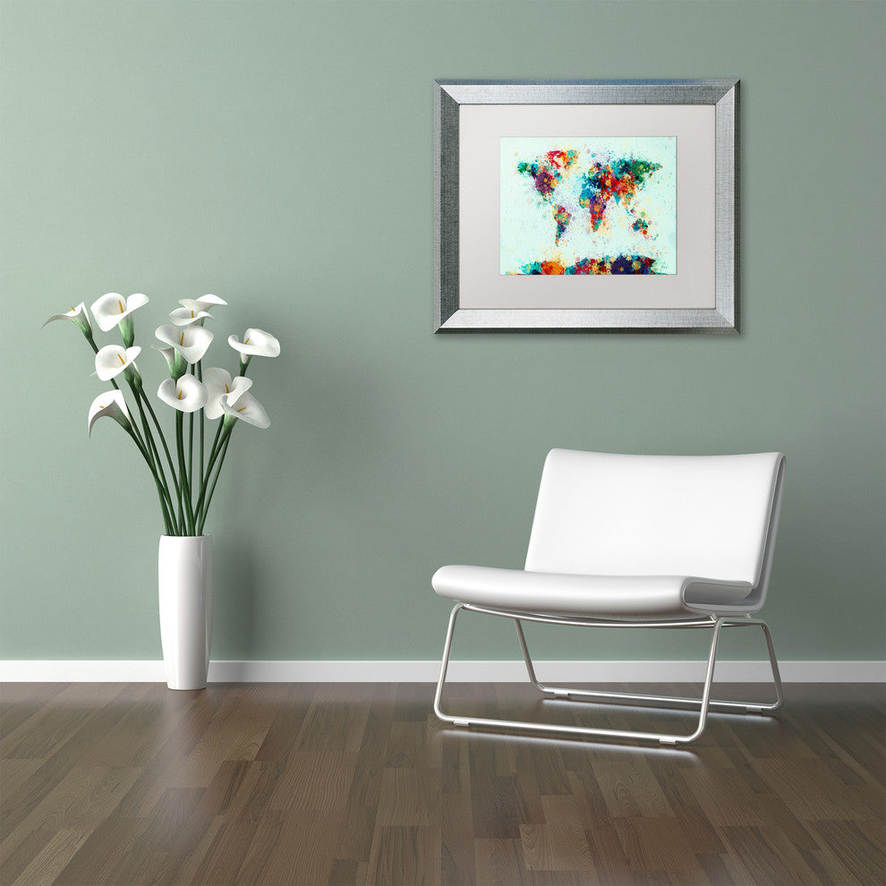 Michael Tompsett 'World Map Paint Splash' Matted Framed Art, White Mat, 14"x11"