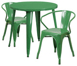 Commercial Grade 30" Round Green Metal Indoor-Outdoor Table Set, 2 Arm Chairs