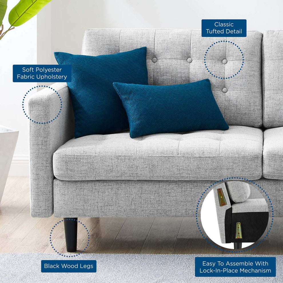 Tufted Sofa, Fabric, Gray, Modern, Living Lounge Hotel Lobby Hospitality