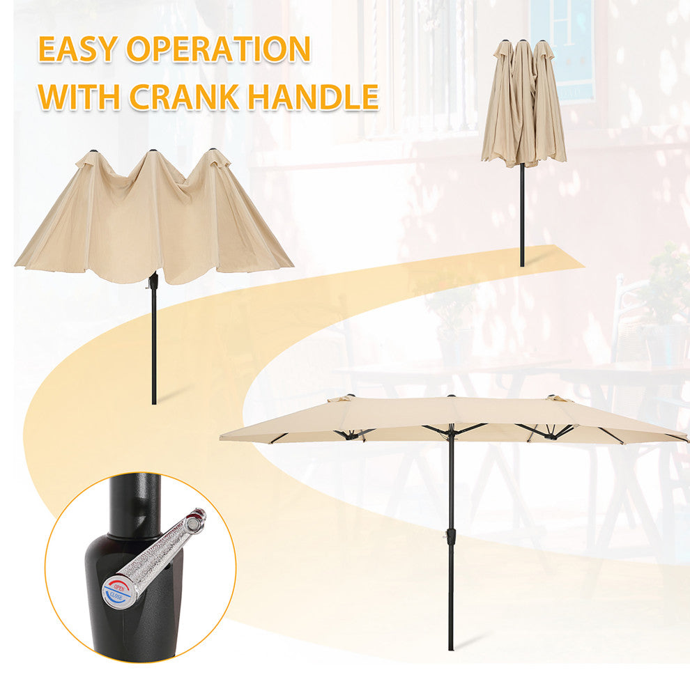 15'x9' Steel Double-Sided Rectangular Outdoor Market Patio Umbrella, Beige