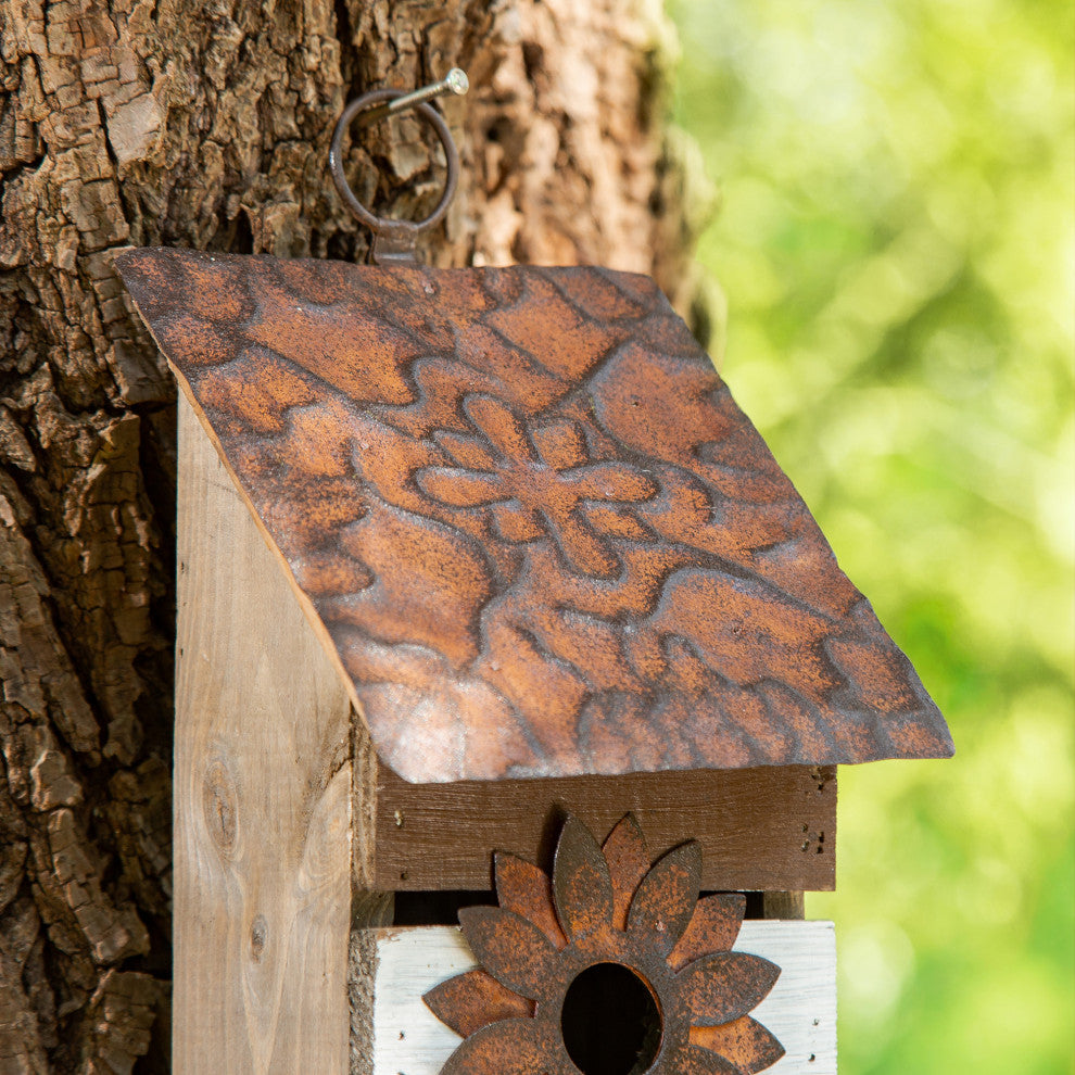 14.5"H Brown/White Two-Tiered Distressed Solid Wood Birdhouse