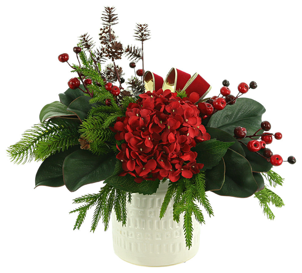 Hydrangea Holiday Arrangement with Pine, Berries and Bows in a Ceramic Pot